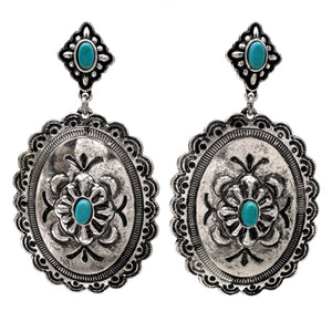 Silver Oval Concho Shaped Turquoise Cabochon Earrings