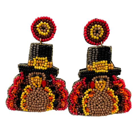 Thanksgiving Turkey With Top Hat Seed Bead Earrings