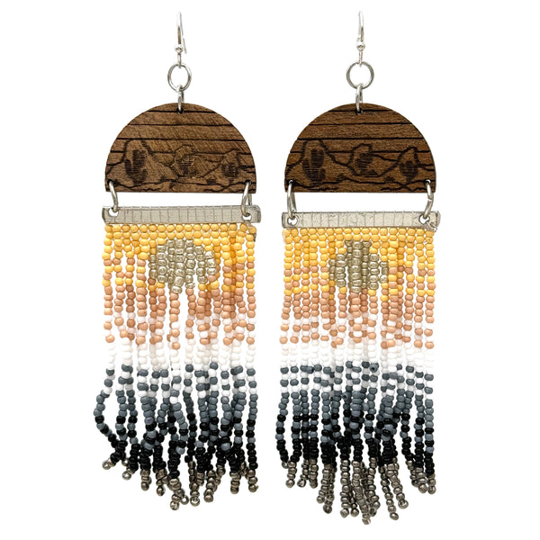 Wood Print Mountains Native Color Seed Bead Dangle Earrings