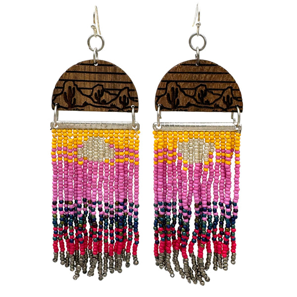 Wood Print Mountains Native Color Seed Bead Dangle Earrings