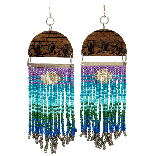 Wood Print Mountains Native Color Seed Bead Dangle Earrings