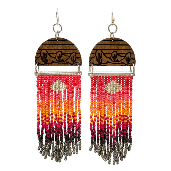 Wood Print Mountains Native Color Seed Bead Dangle Earrings