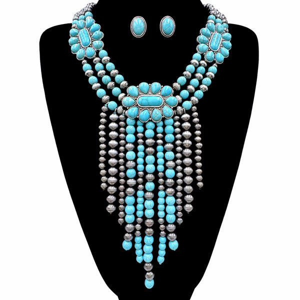 Western Fringe Navajo Turquoise Beads Statement Necklace