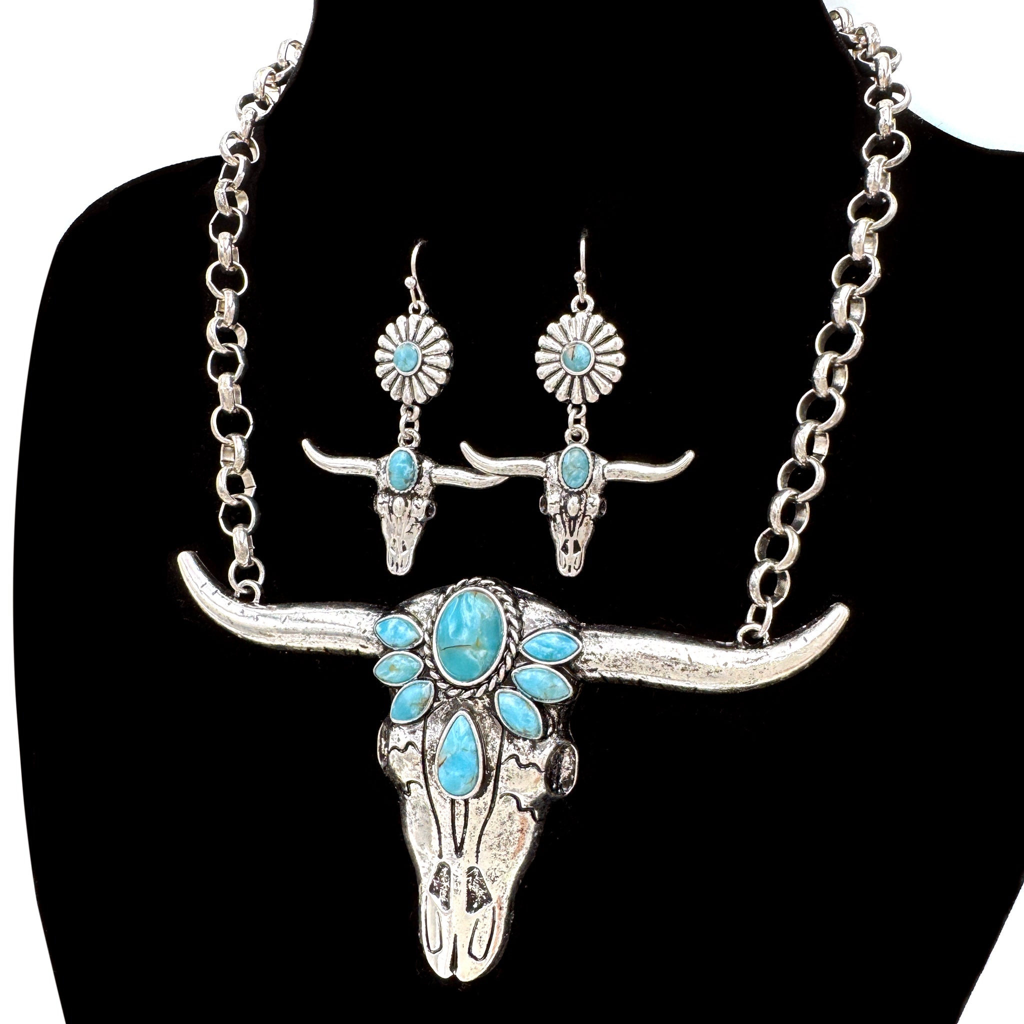 Bohemian Longhorn Turquoise Cabochon Western Necklace Set