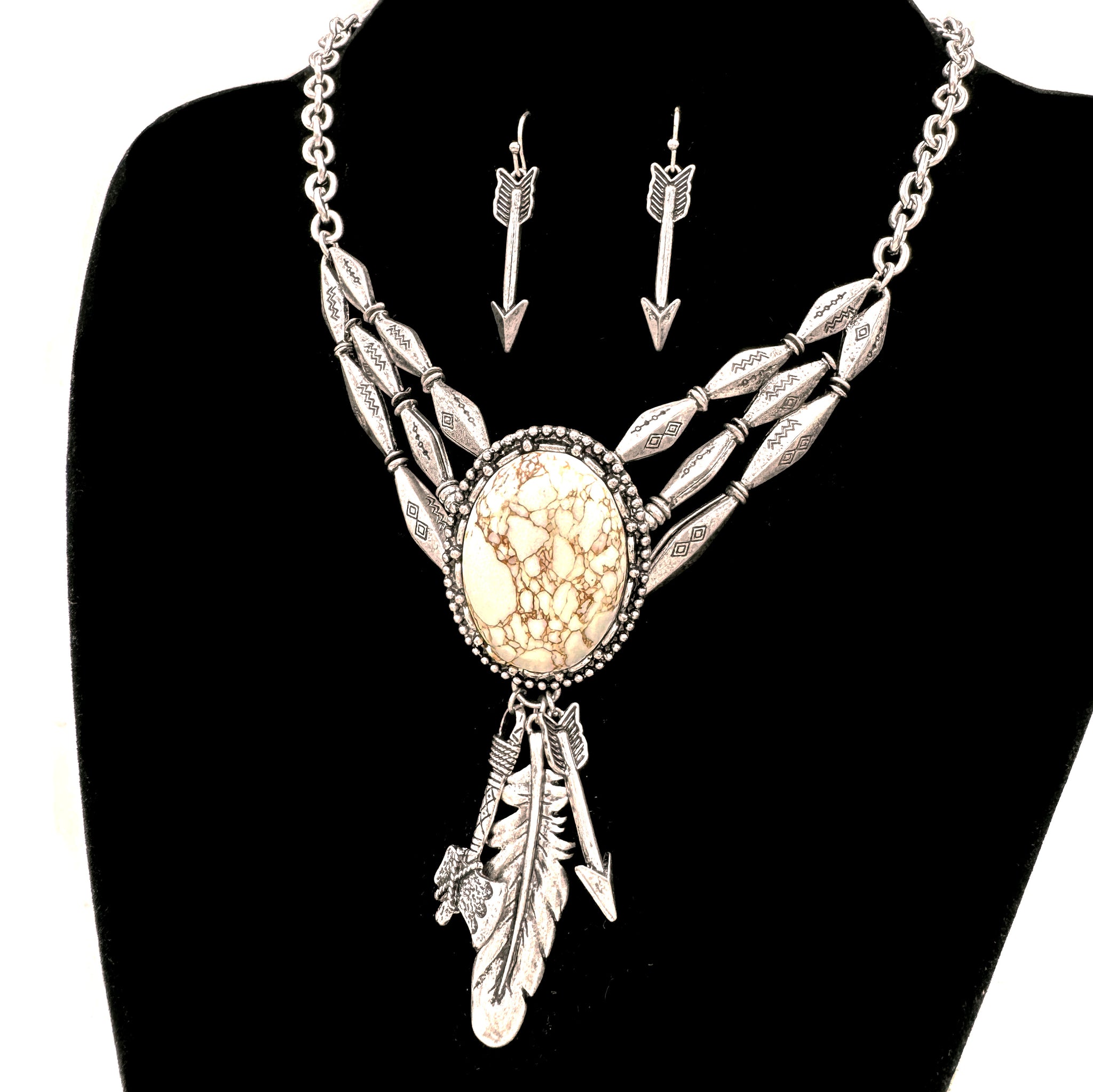 Native Tribal Feather Arrow Howlite Cabochon Pendant Necklace Set