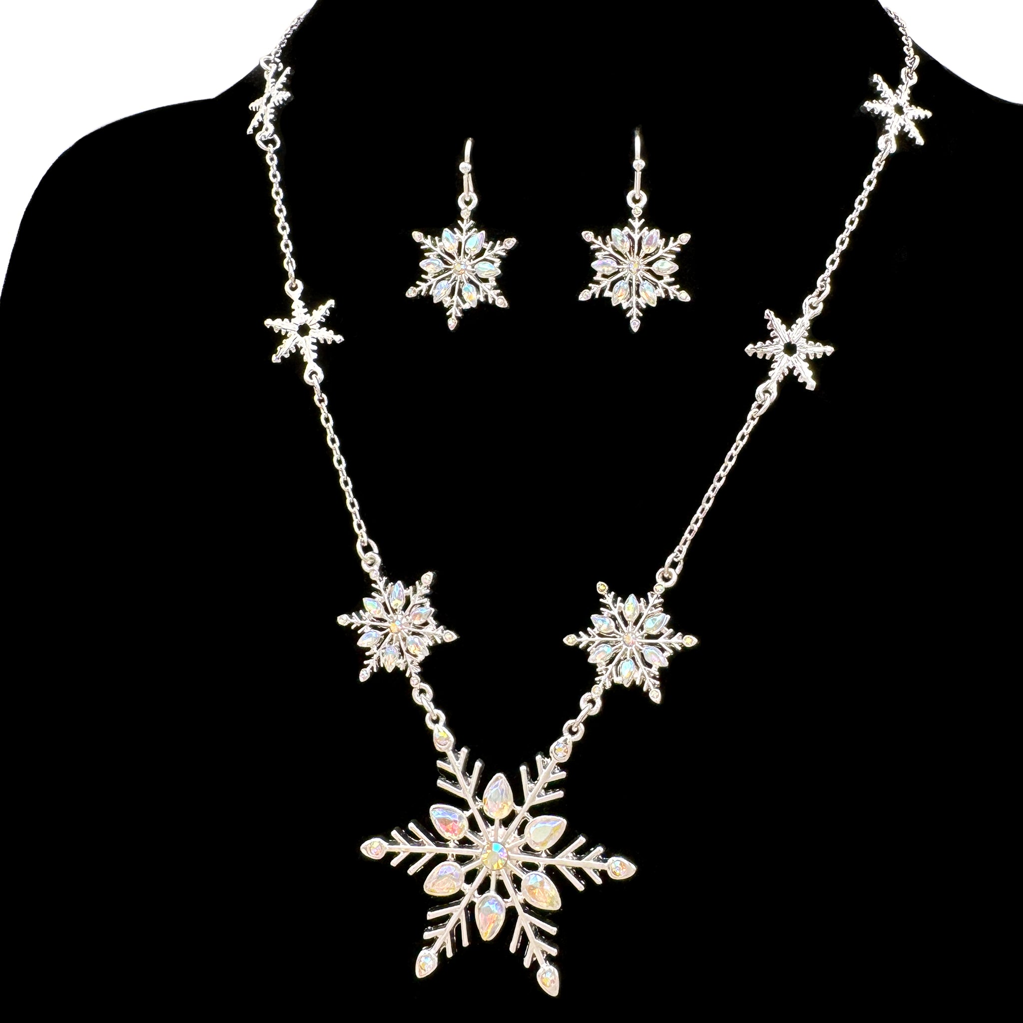 Winter Snowflake Rhinestone Crystal Necklace Earrings Set