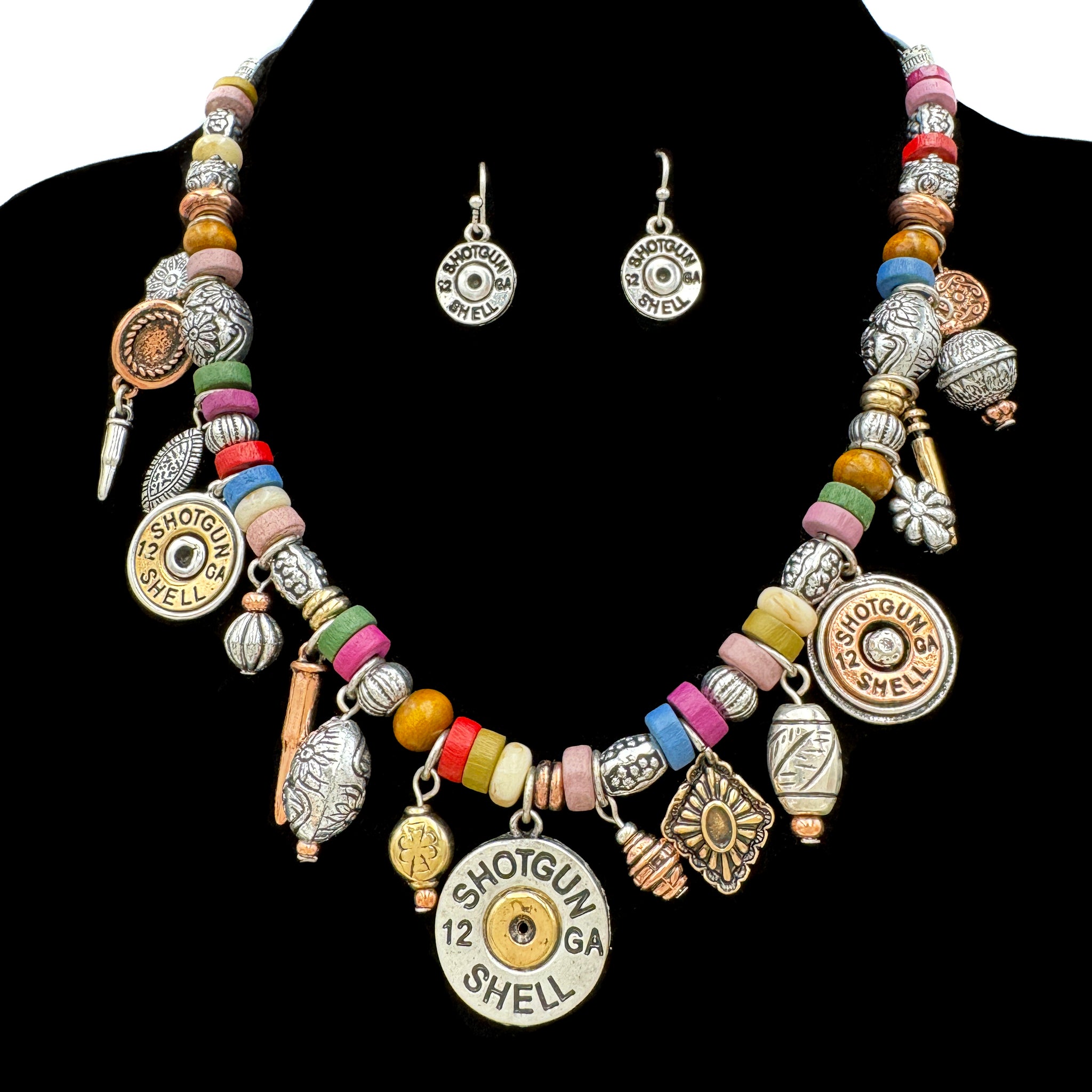 Shotgun Bullet Shell Multi Charms Southwestern Necklace Earrings Set