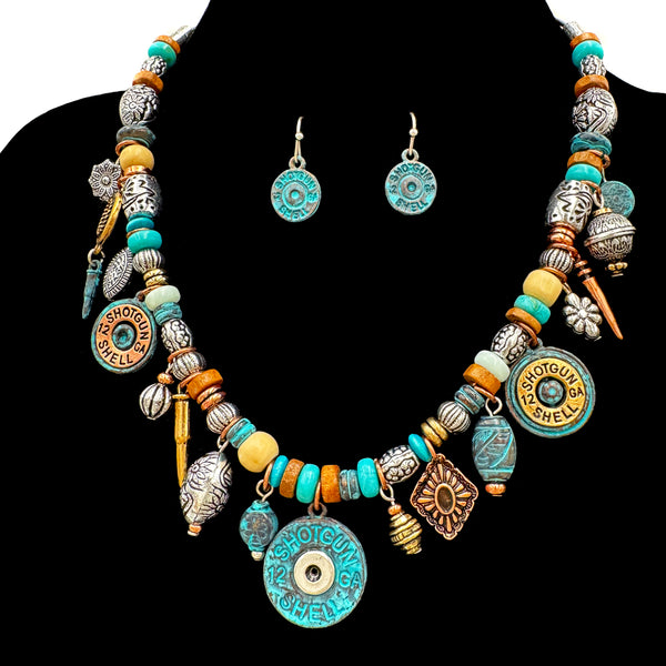 Shotgun Bullet Shell Multi Charms Southwestern Necklace Earrings Set