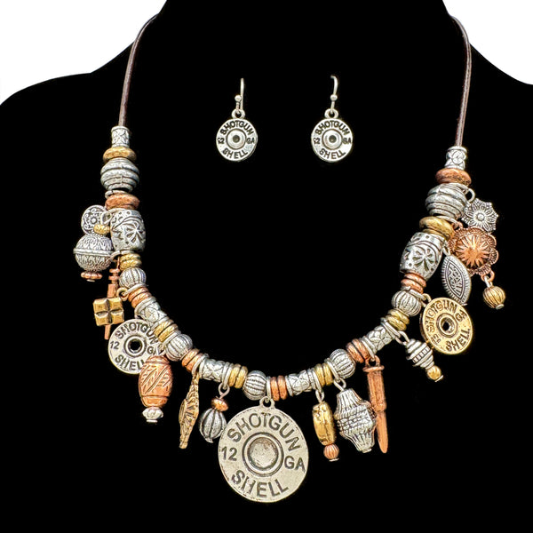 Shotgun Bullet Shell Multi Charms Western Necklace Earrings Set