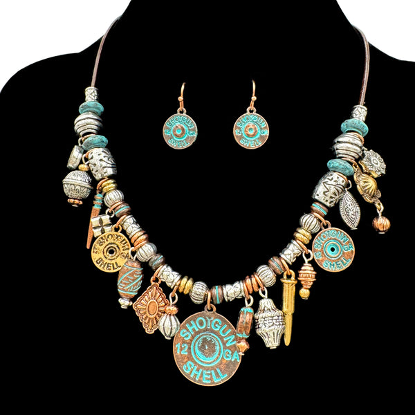 Shotgun Bullet Shell Multi Charms Western Necklace Earrings Set