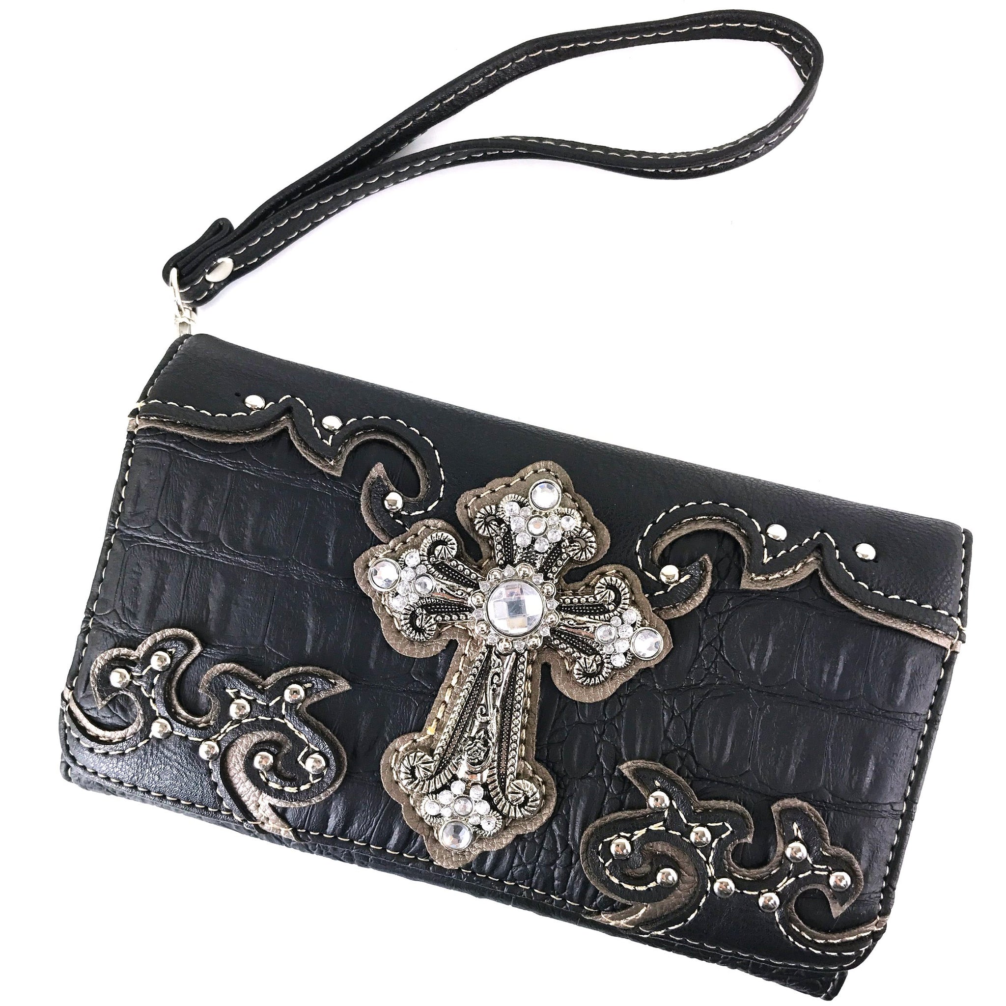 Croc Pu Leather Cross Rhinestone Crossbody Wallet