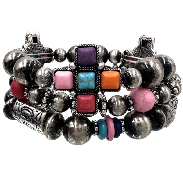 Aztec Cross Stone Navajo Beads Three Piece Bracelet