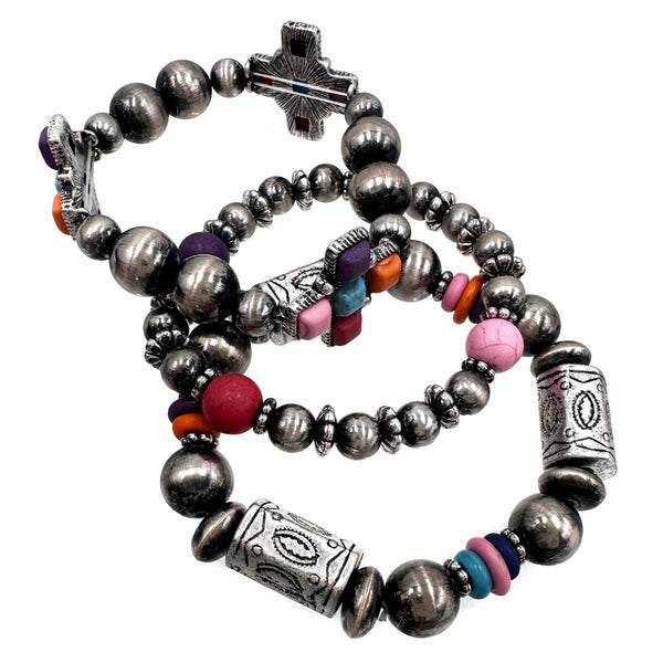 Aztec Cross Stone Navajo Beads Three Piece Bracelet