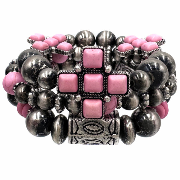 Aztec Cross Stone Navajo Beads Three Piece Bracelet