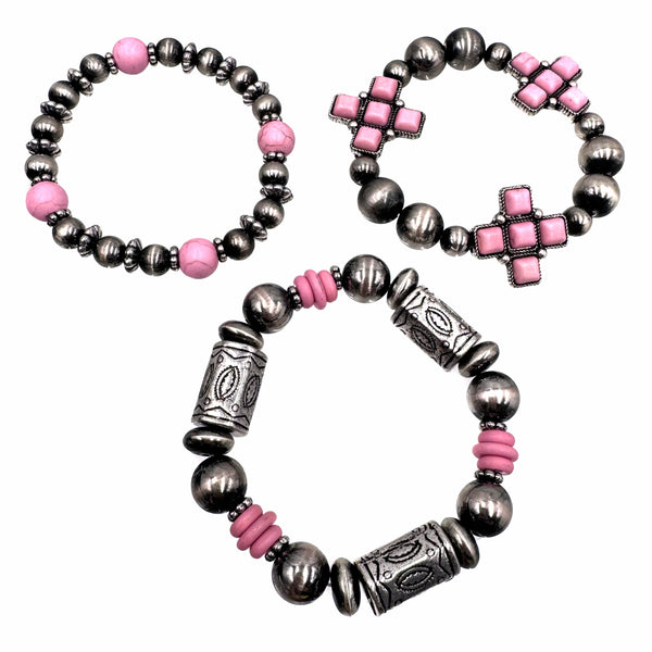 Aztec Cross Stone Navajo Beads Three Piece Bracelet