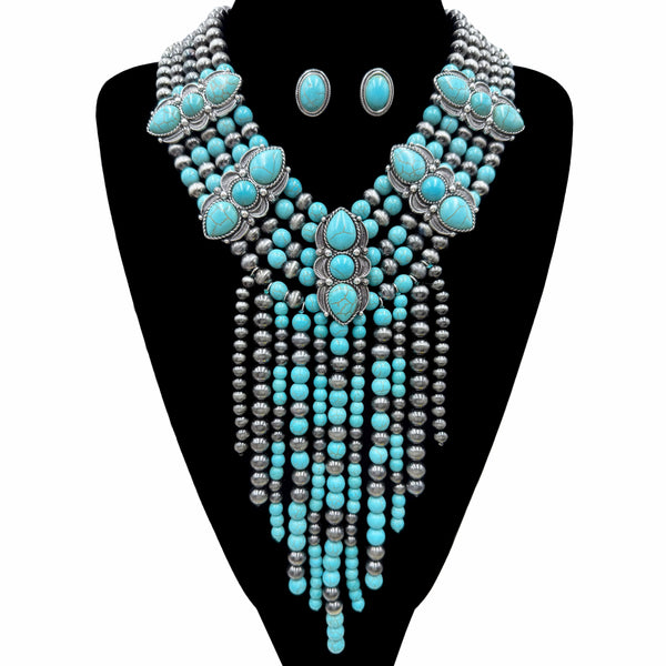 Western Fringe Navajo Turquoise Beads Statement Necklace