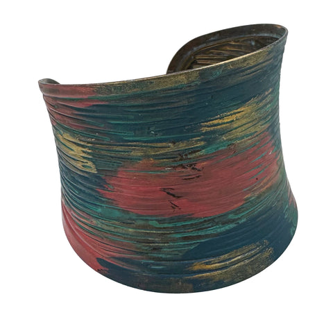 Gold Patina Red Painted Wide Cuff Bangle