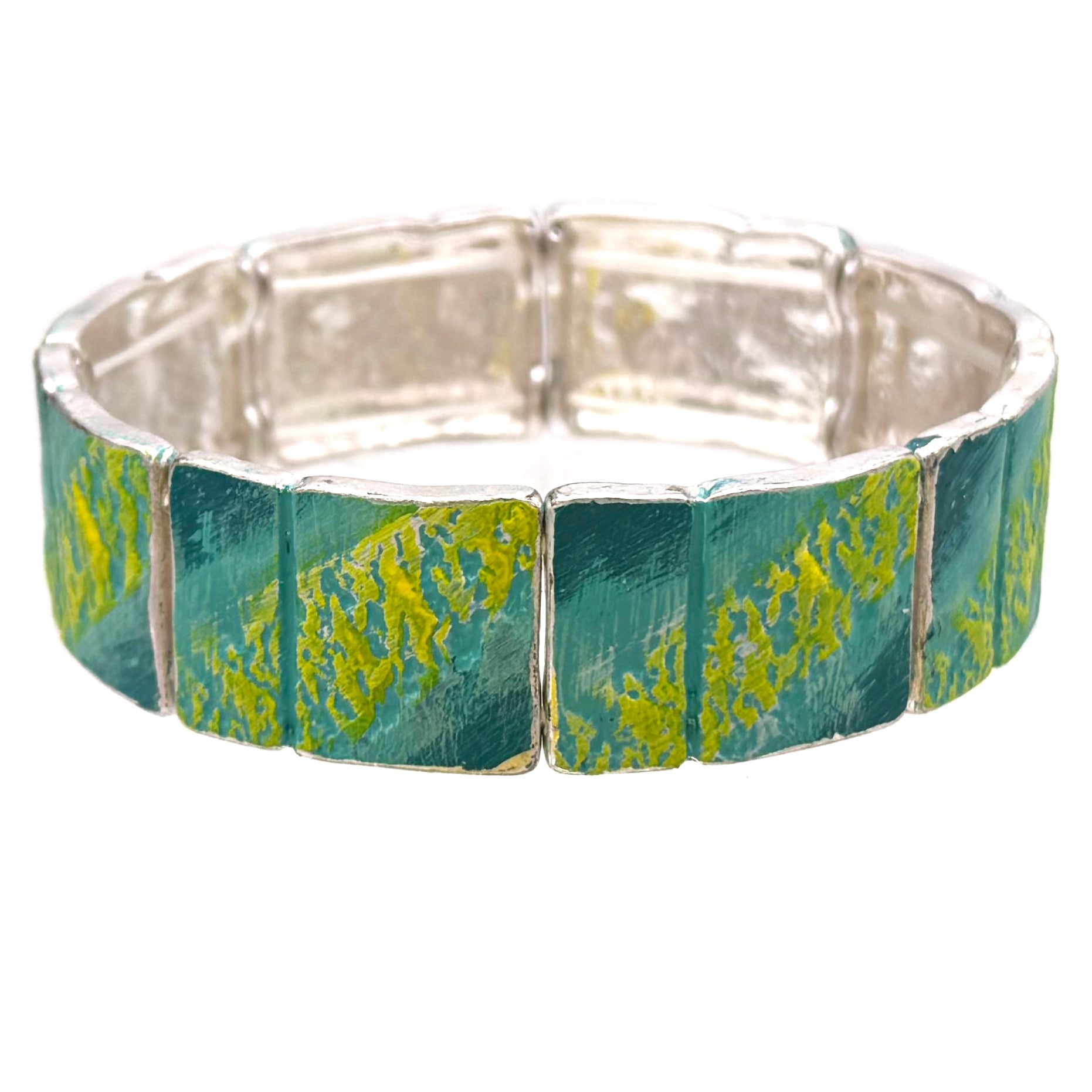 Blue Green Painted Silver Stretch Bracelet