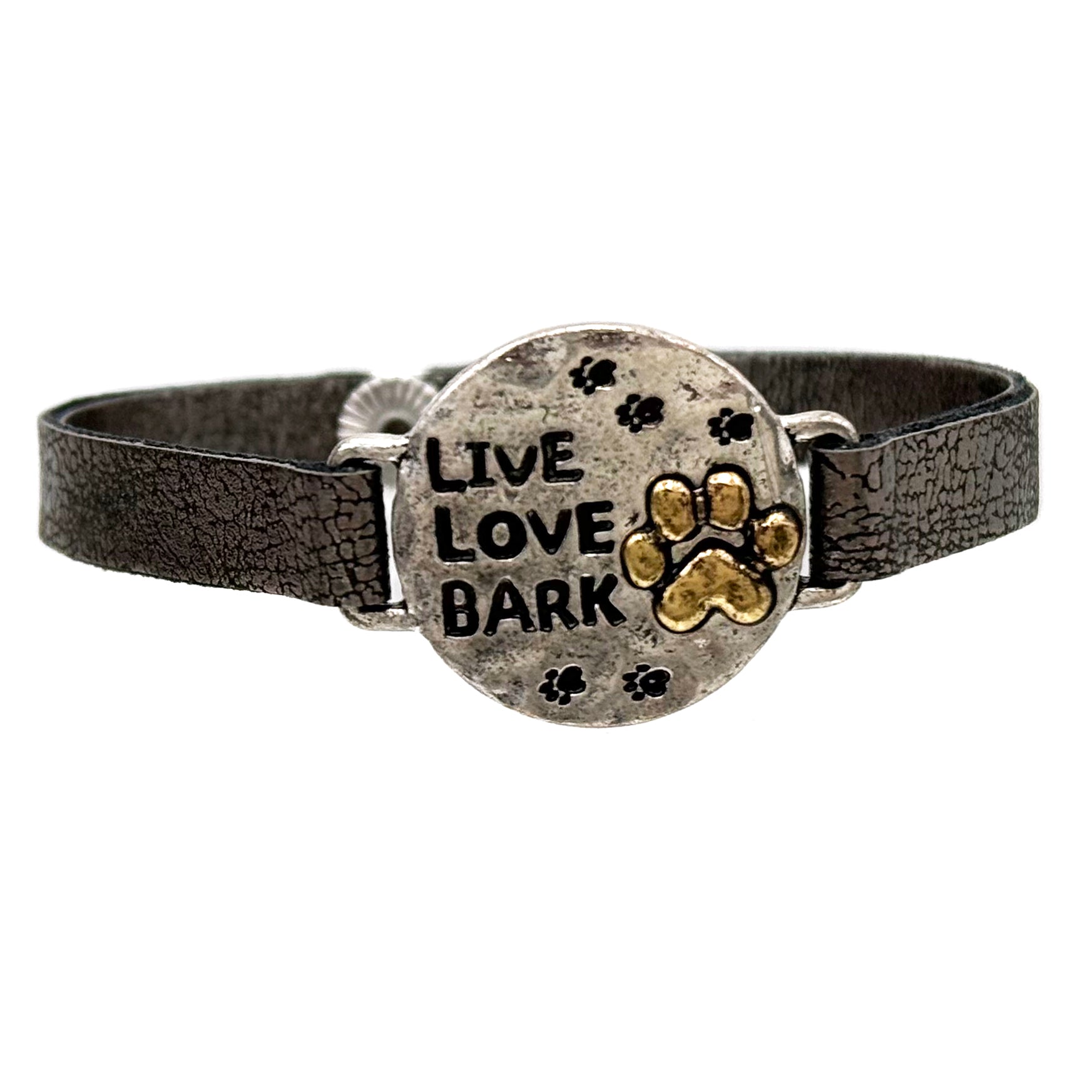 Live Love Bark Dog Paw Silver Leather Bracelet