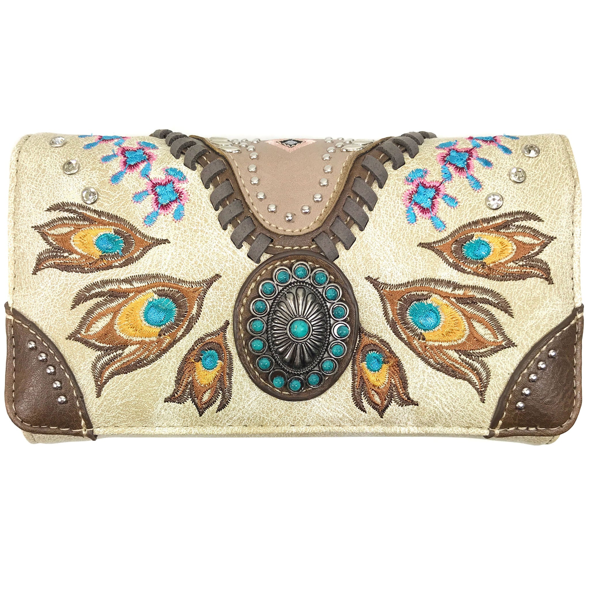 Turquoise Concho Feathers Embroidery Crossbody Wallet