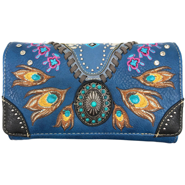 Turquoise Concho Feathers Embroidery Crossbody Wallet