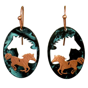 Patina Copper Horse Cutout Rustic Brass Earrings