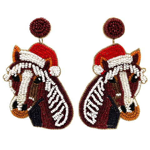 Christmas Horse Santa Hat Seed Bead Earrings