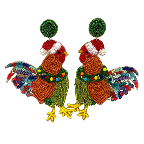 Christmas Rooster Cock Multicolor Seed Bead Earrings