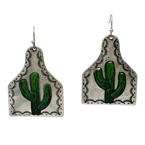 Cactus on Cow Tag Metal Earrings