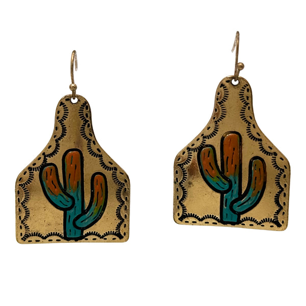 Cactus on Cow Tag Metal Earrings