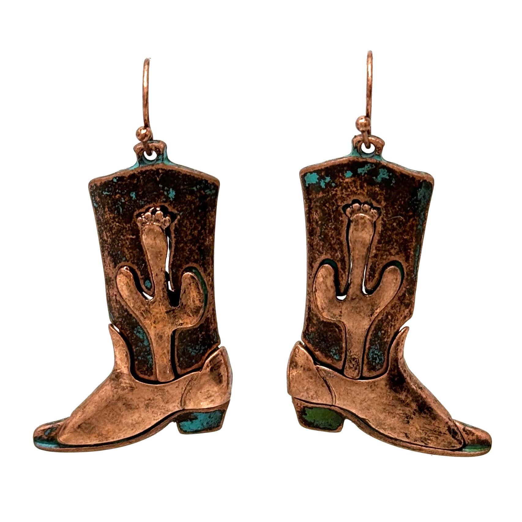 Copper Patina Cactus Western Boots Earrings