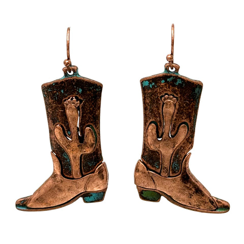 Copper Patina Cactus Western Boots Earrings