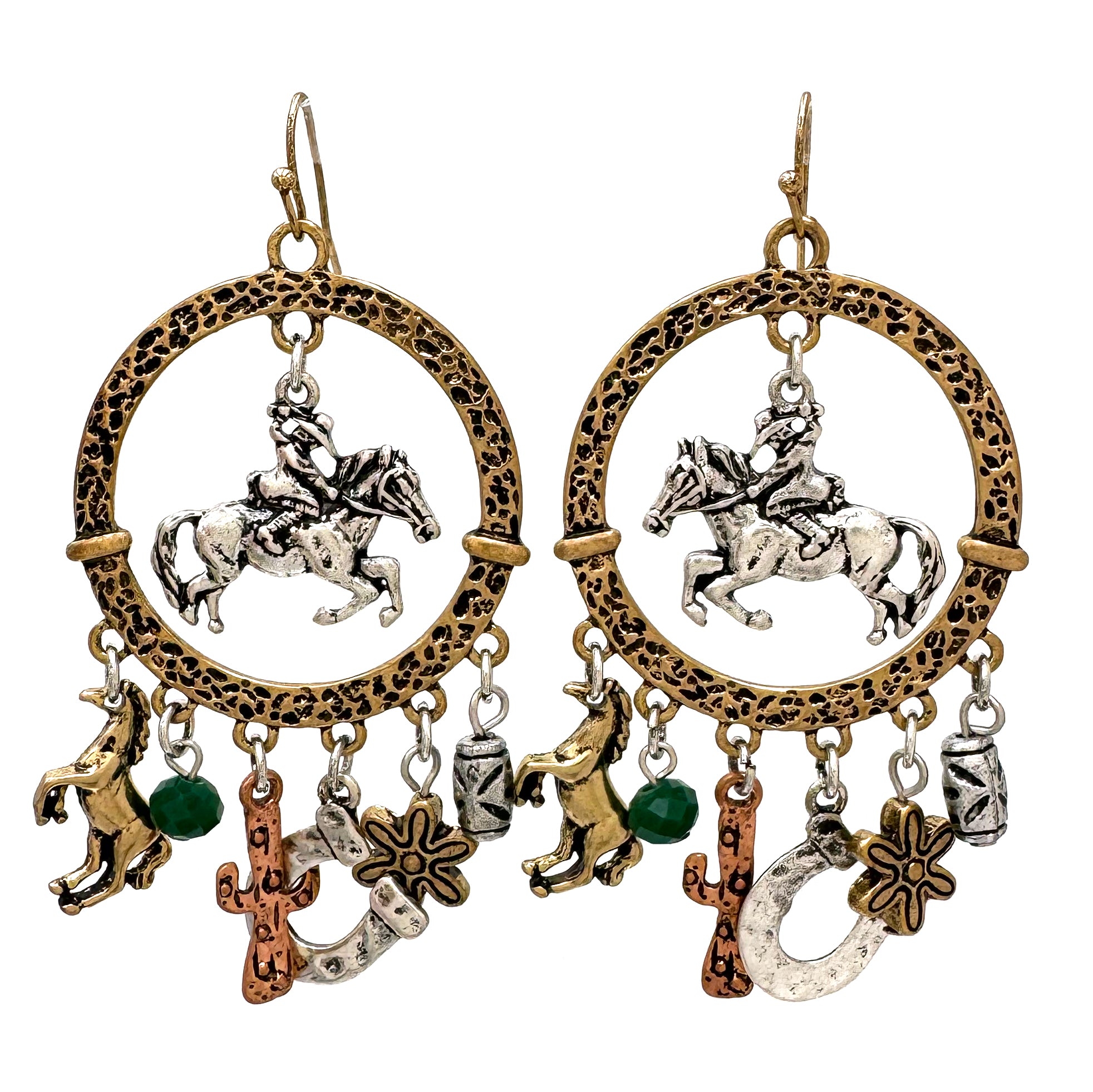 Cowboy Horse Rider Western Charms Large Circle Earrings