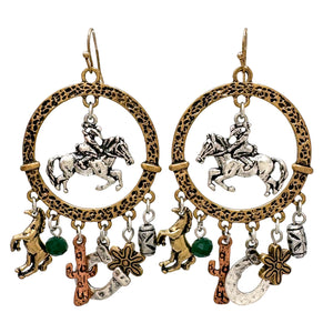 Cowboy Horse Rider Western Charms Large Circle Earrings