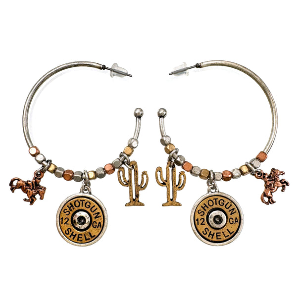 Bullet Shell Cowboy Cactus Western C Hoop Earrings