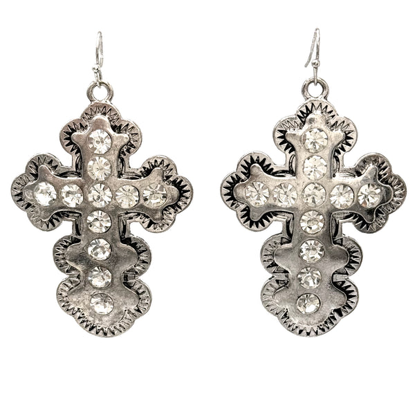 Large 3 Inch Rhinestone Metal Cross Earrings