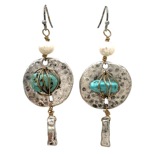 Turquoise Stone Wired Metal Earrings