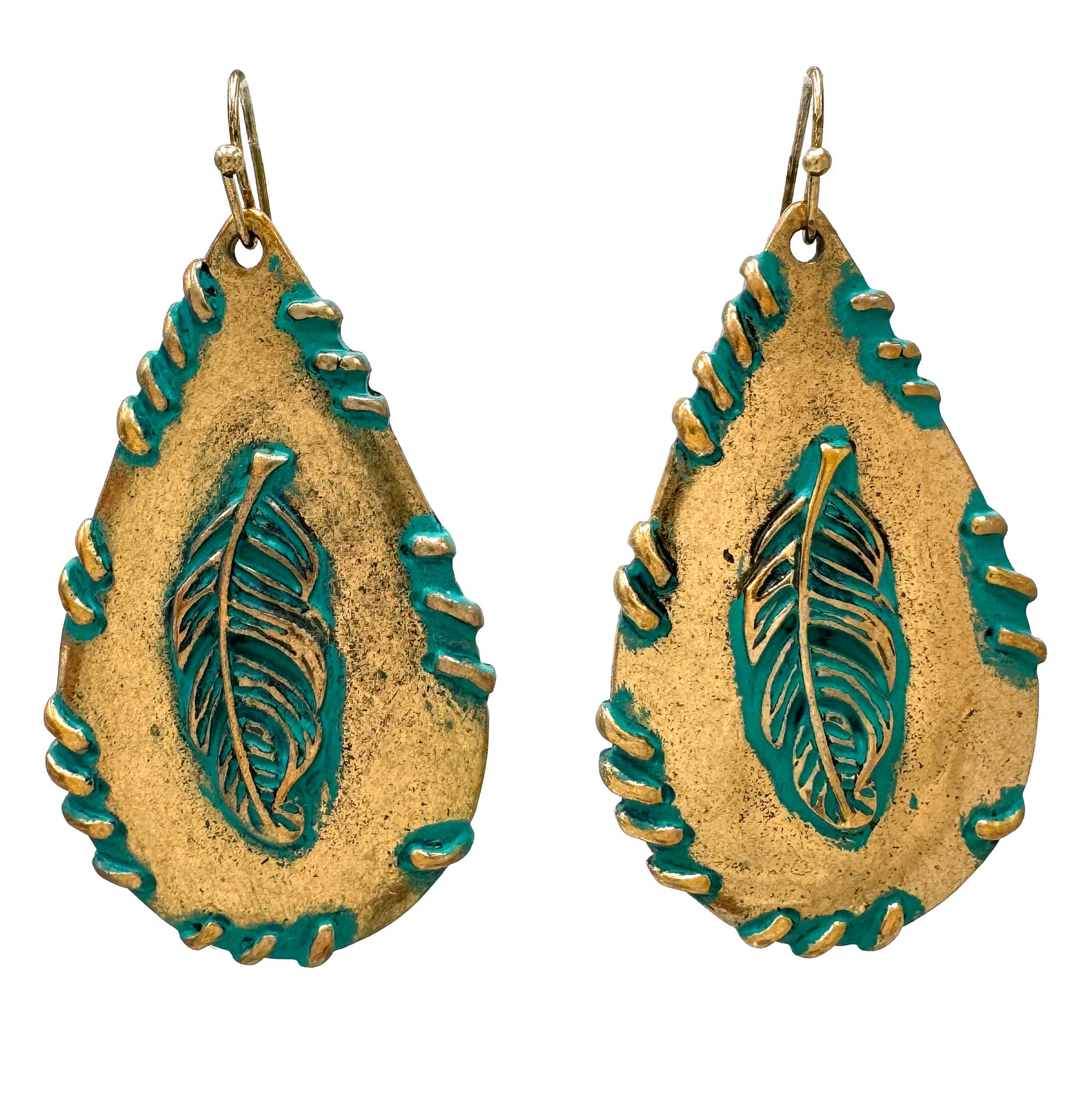 Gold Patina Eagle Feather Teardrop Earrings