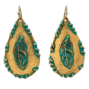 Gold Patina Eagle Feather Teardrop Earrings