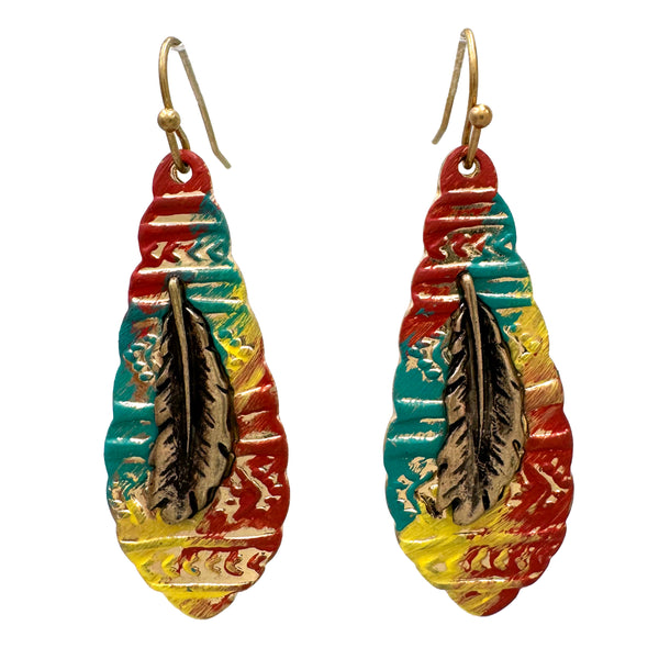 Color Painted Feather Native Metal Earrings