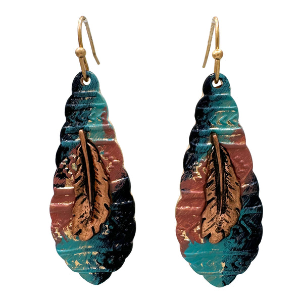 Color Painted Feather Native Metal Earrings