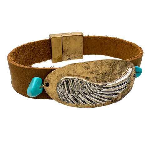 Native Turquoise Stone Angel Wing Pu Leather Wrap Bracelet