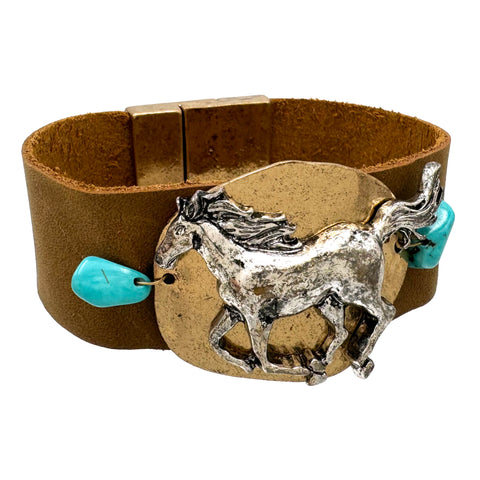 Native Turquoise Stone Horse Pu Leather Wrap Bracelet