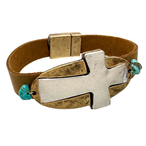 Native Turquoise Stone Cross Pu Leather Wrap Bracelet