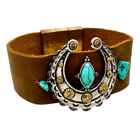 Native Turquoise Stone Squash Blossom Pu Leather Wrap Bracelet