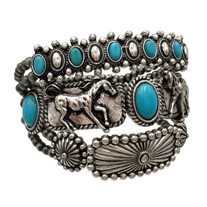 Western Native Horse Three Piece Navajo Beads Bracelet