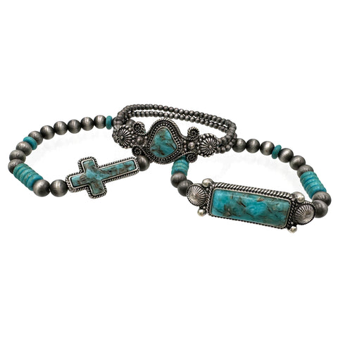 Western Turquoise Stone and Cross Three Piece Navajo Beads Bracelet