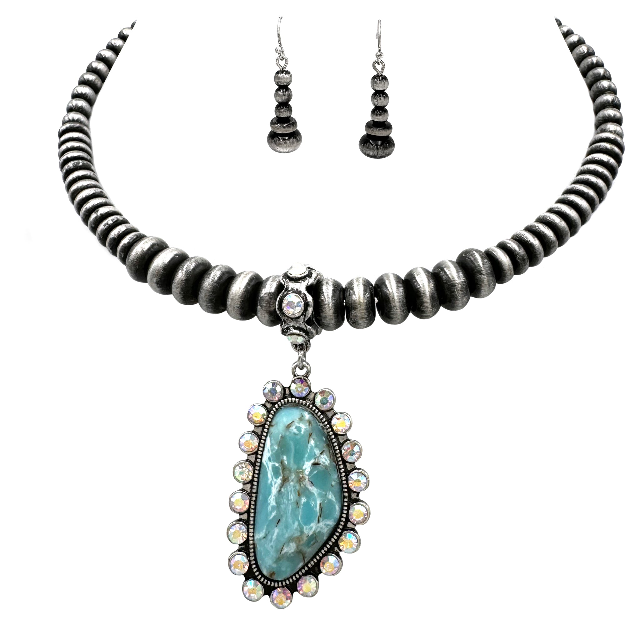 Turquoise Pendant Navajo Bead Choker Necklace with Earrings