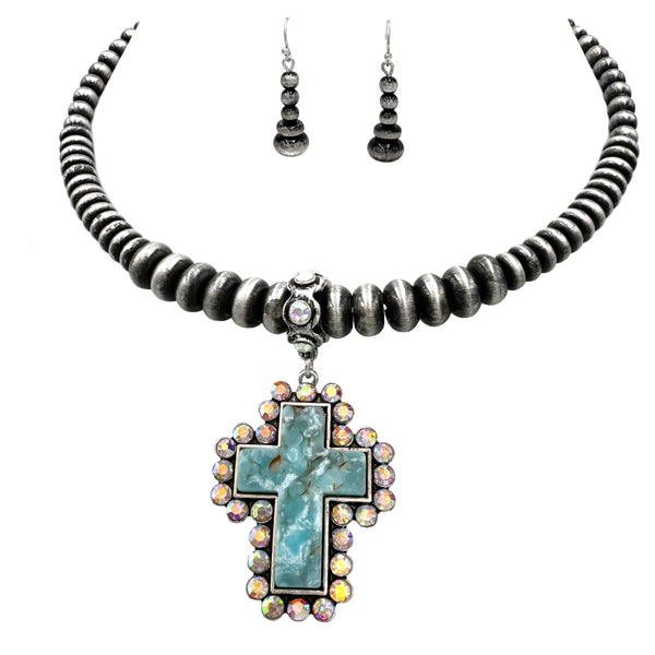 Turquoise Cross Navajo Bead Choker Necklace with Earrings