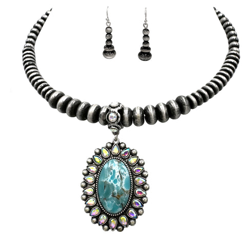 Turquoise Concho Navajo Bead Choker Necklace with Earrings